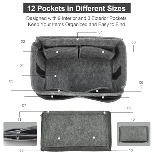 OMYSTYLE Grey X-Large Felt Tote Bag Organizer Insert with 13 Pockets | 24.4cm x 12.9cm x 15cm - view 3