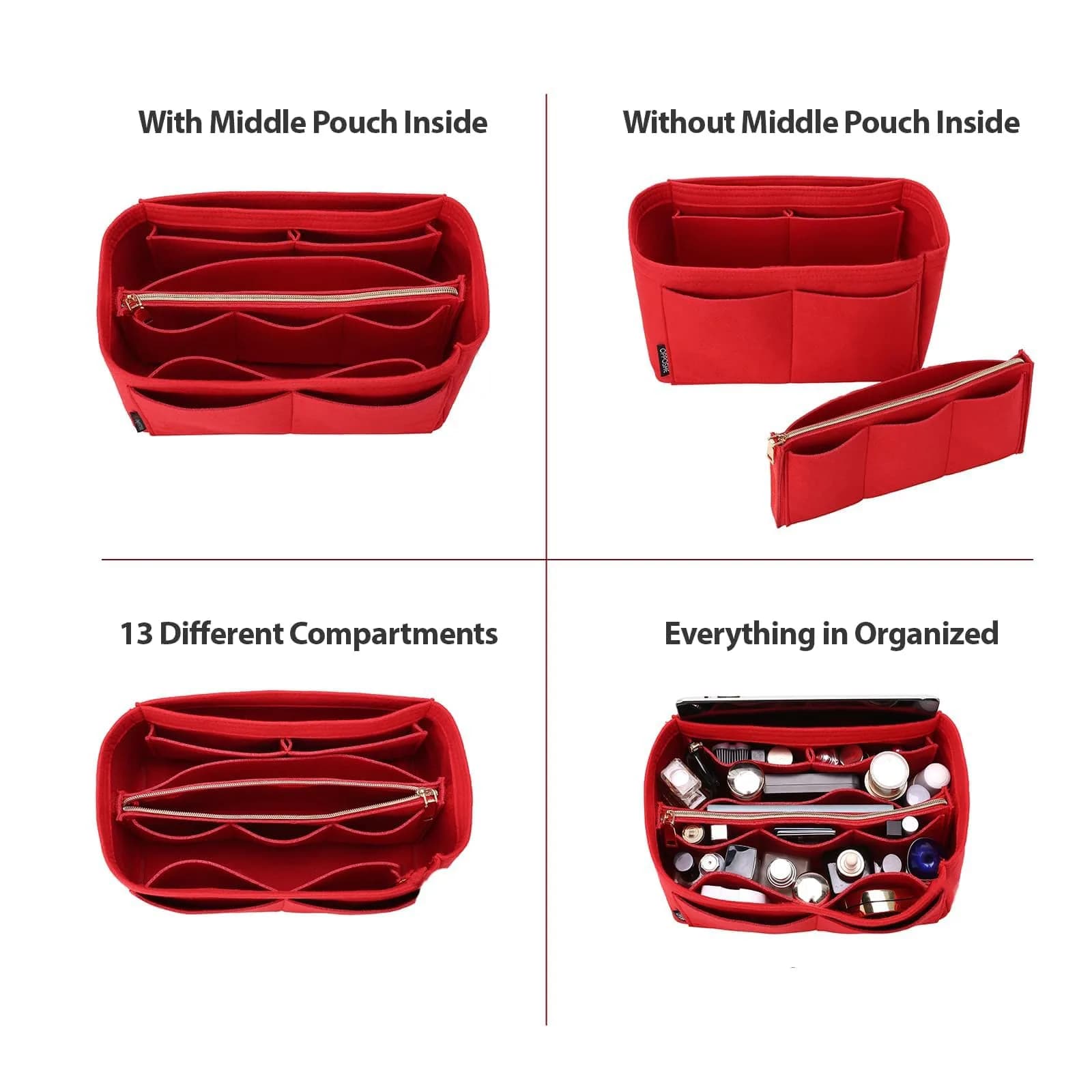 OMYSTYLE Red Medium Felt Tote Bag Organizer Insert with 13 Pockets | 24.4cm x 12.9cm x 15cm - view 2