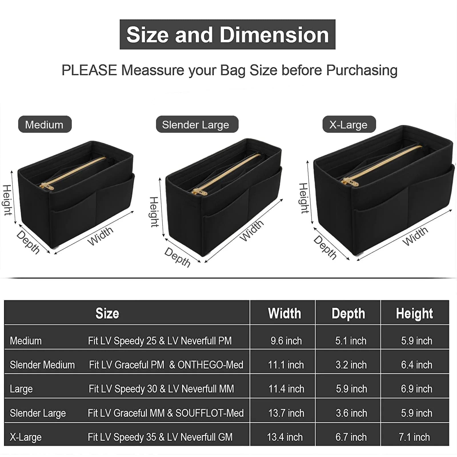 OMYSTYLE Black X-Large Organizer Insert | 200g (7.1oz) Felt Tote Bag Organizer with 13 Pockets - view 2