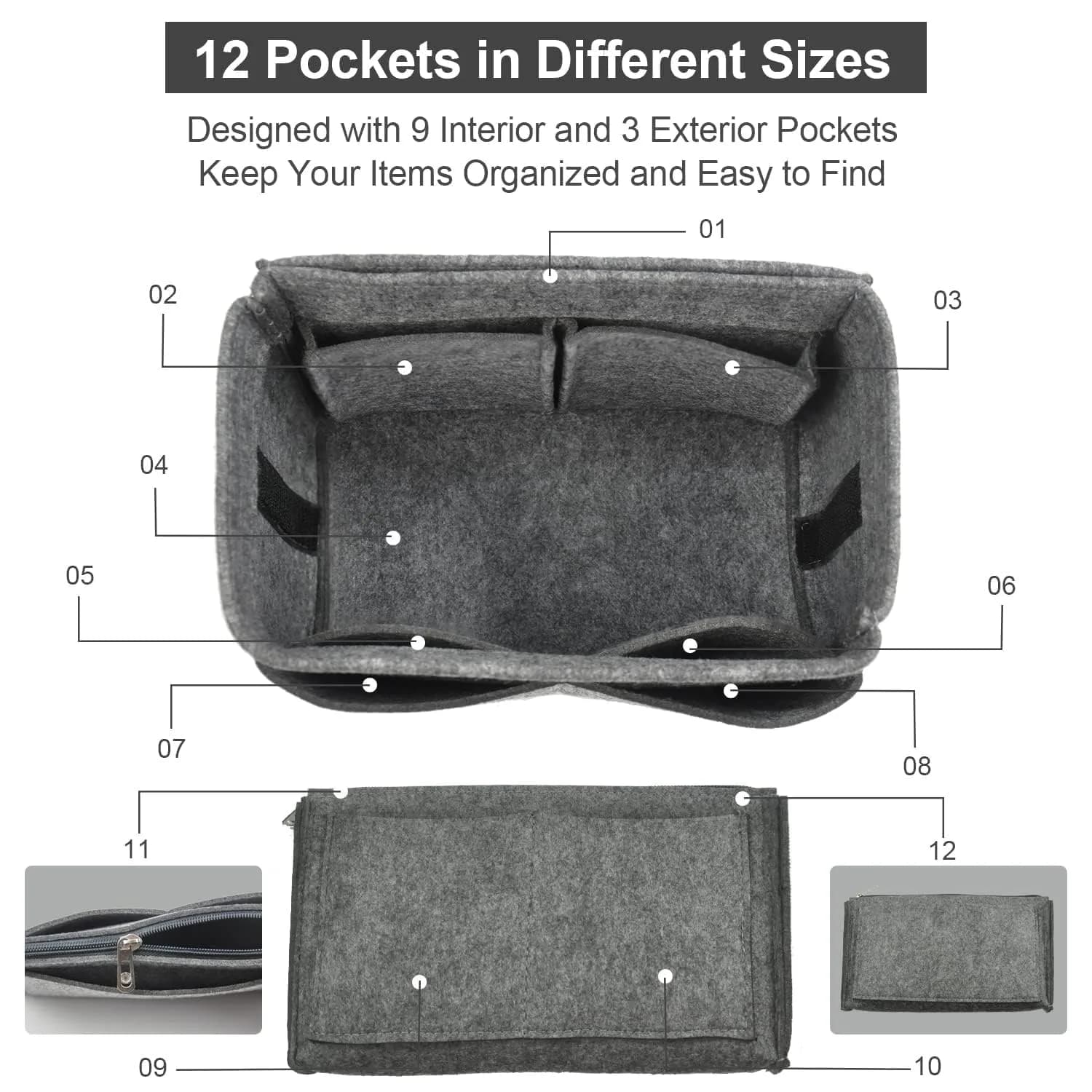 OMYSTYLE Grey Large Felt Tote Bag Organizer Insert with 13 Pockets | 30cm x 15cm x 15cm - view 3