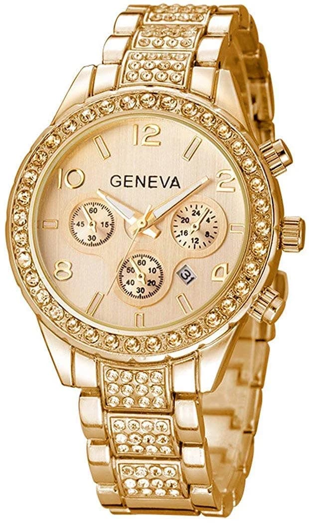 FANMIS Unisex Luxury Pave Floating Crystal Diamonds Calendar Quartz Watch 38mm Rose Gold | Elegant Stainless Steel Bracelet — B Gold