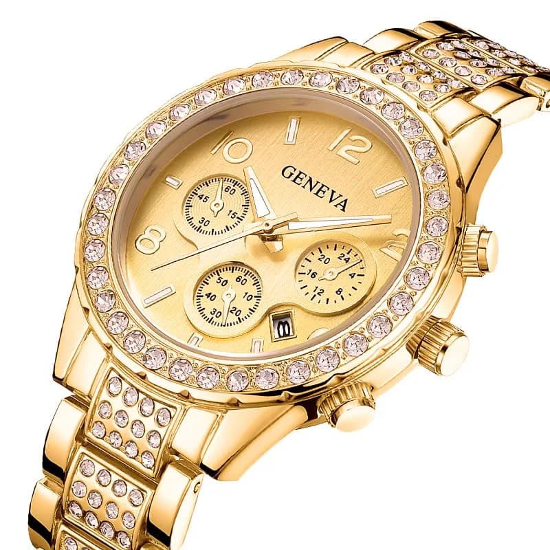 FANMIS Unisex Luxury Pave Floating Crystal Diamonds Calendar Quartz Watch 38mm Rose Gold | Elegant Stainless Steel Bracelet thumbnail 2