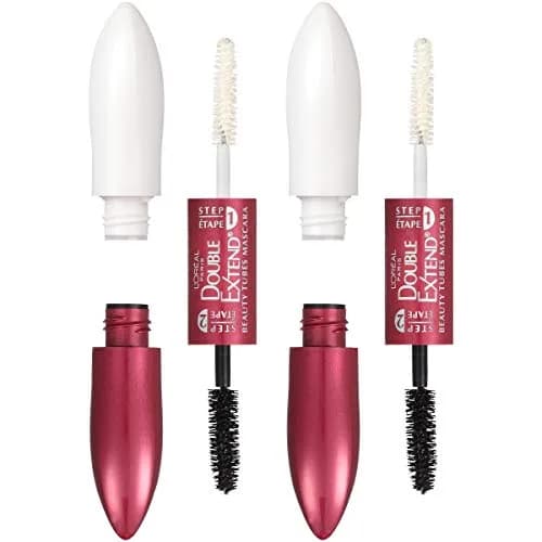 L'Oreal Paris Double Extend Tubing Mascara, Lengthening 2 Step Mascara, Blackest Black, 2x6.35ml (0.43 Fl Oz Total) | Smudge-Proof — 0.33 Fl Oz