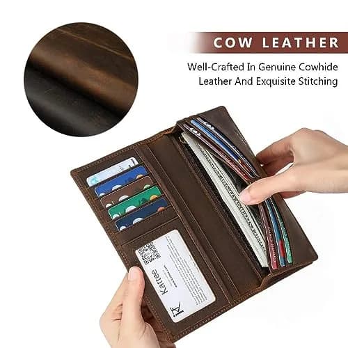 Kattee Men's Vintage Genuine Leather Long Wallet Dark Brown | Functional Design with 17 Pockets thumbnail 4