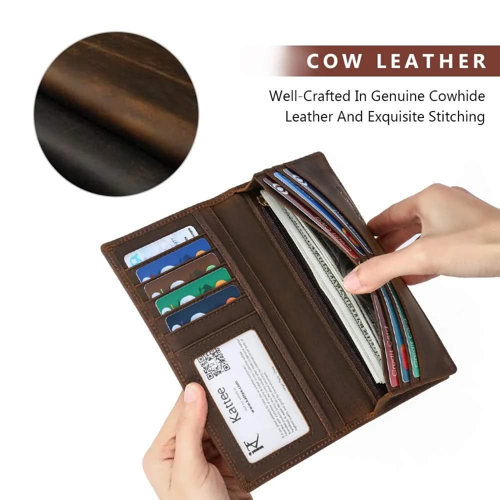 Kattee Men's Vintage Genuine Leather Long Wallet Dark Brown | Functional Design with 17 Pockets - view 4