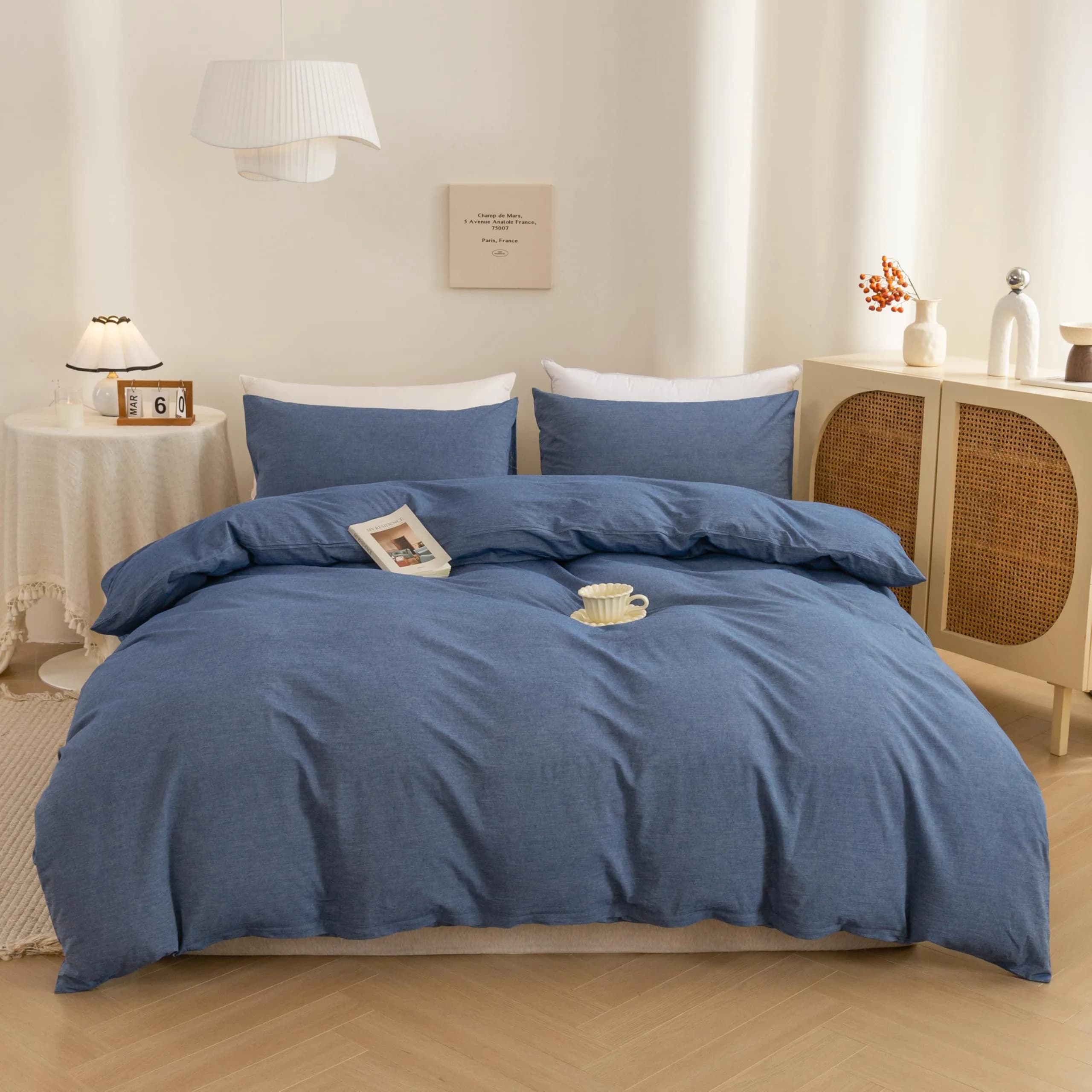 ECOCOTT Cotton Duvet Cover Set Linen Feel Denim Blue King Size | Extra Soft & Breathable