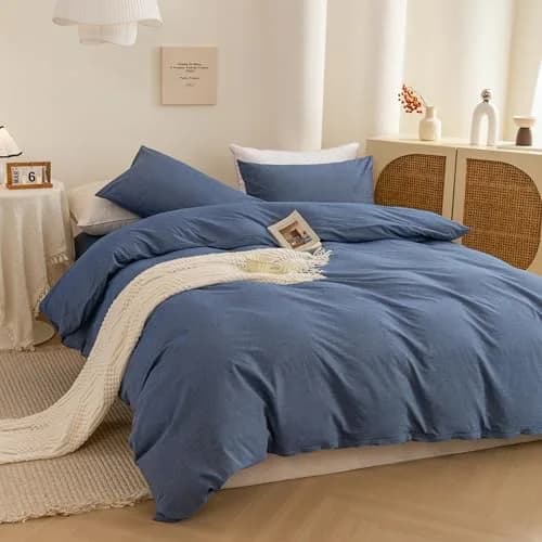 ECOCOTT Cotton Duvet Cover Set Linen Feel Denim Blue King Size | Extra Soft & Breathable thumbnail 4
