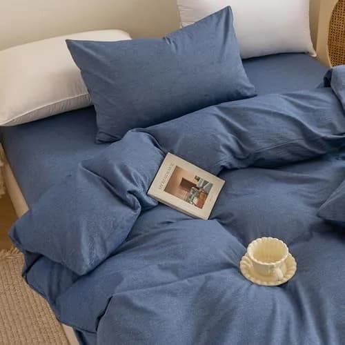 ECOCOTT Cotton Duvet Cover Set Linen Feel Denim Blue King Size | Extra Soft & Breathable thumbnail 6
