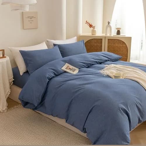 ECOCOTT Cotton Duvet Cover Set Linen Feel Denim Blue King Size | Extra Soft & Breathable thumbnail 7