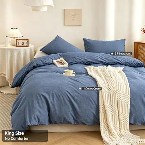 ECOCOTT Cotton Duvet Cover Set Linen Feel Denim Blue King Size | Extra Soft & Breathable thumbnail 2