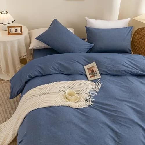 ECOCOTT Cotton Duvet Cover Set Linen Feel Denim Blue King Size | Extra Soft & Breathable thumbnail 3