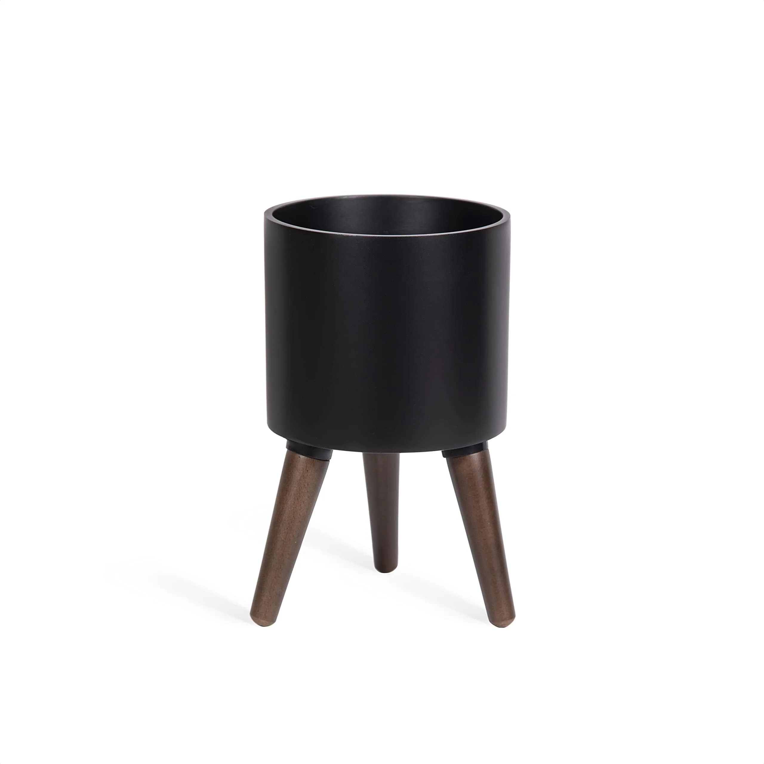 D'vine Dev 8 Inch Planter Pot with Wood Stand, Black, 88-O-A-2 | Mid-Century Modern Style, Elevated Plant Display - main product image