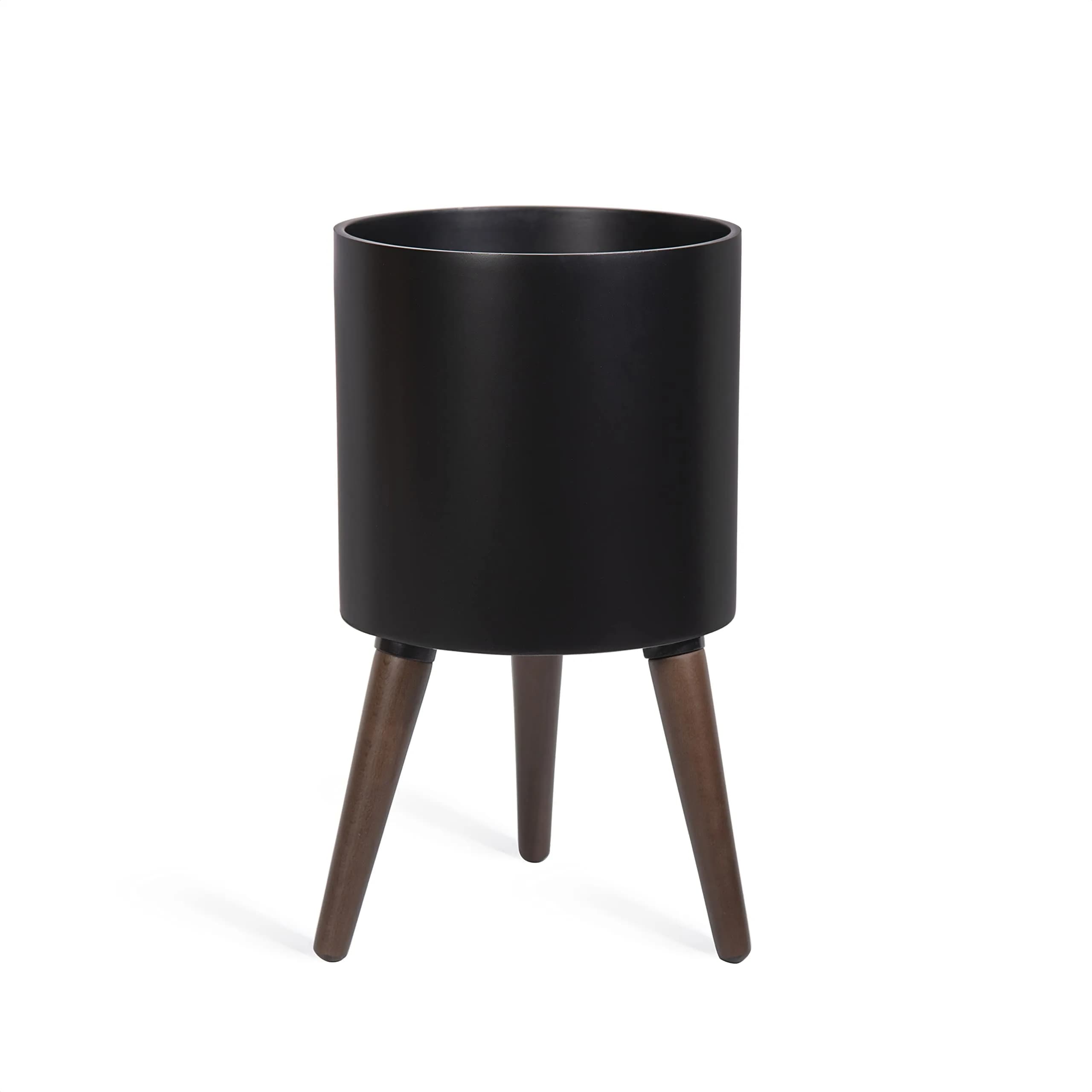 D'vine Dev 10 Inch Planter Pot with Wood Stand | Black, Mid-Century Modern, Indoor Garden — Matte Black