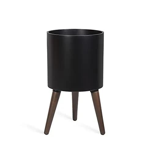 D'vine Dev 10 Inch Planter Pot with Wood Stand | Black, Mid-Century Modern, Indoor Garden thumbnail 1
