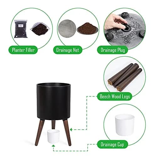 D'vine Dev 10 Inch Planter Pot with Wood Stand | Black, Mid-Century Modern, Indoor Garden thumbnail 4