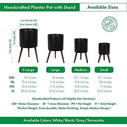 D'vine Dev 10 Inch Planter Pot with Wood Stand | Black, Mid-Century Modern, Indoor Garden thumbnail 3