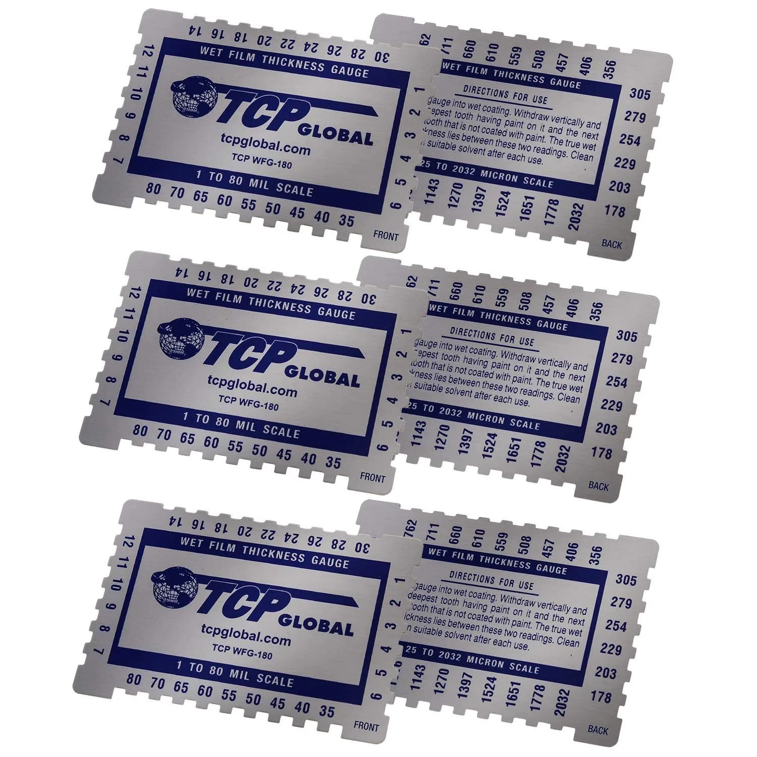 TCP Global Wet Film Thickness Gauge Comb, 1-80 Mil Scale, Pack of 3 | Measures Coating Thickness Accurately — Pack of 3