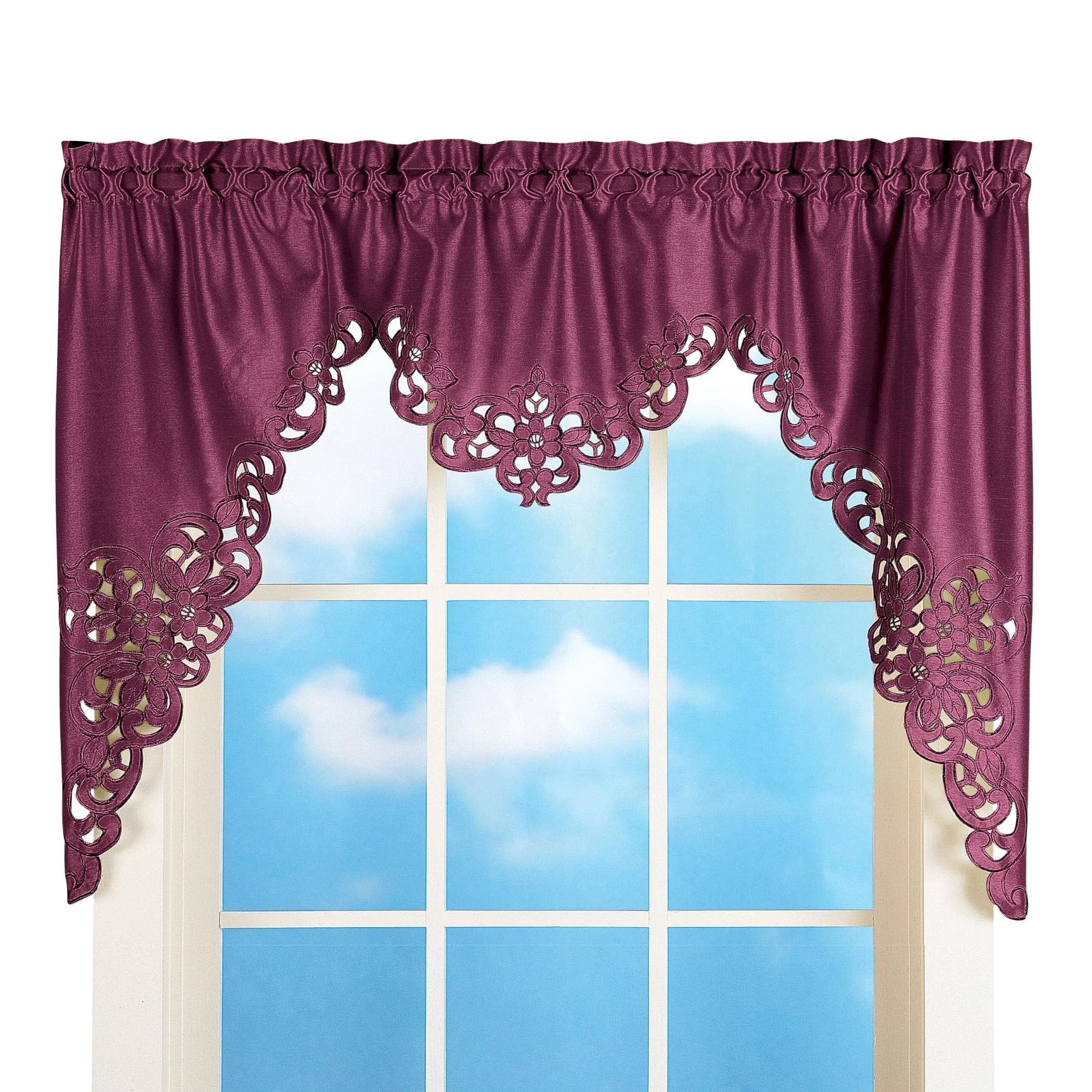 Collections Etc Elegant Scalloped Design Cut-Out Valance 58" x 36" | Light Diffusing Polyester — Burgundy