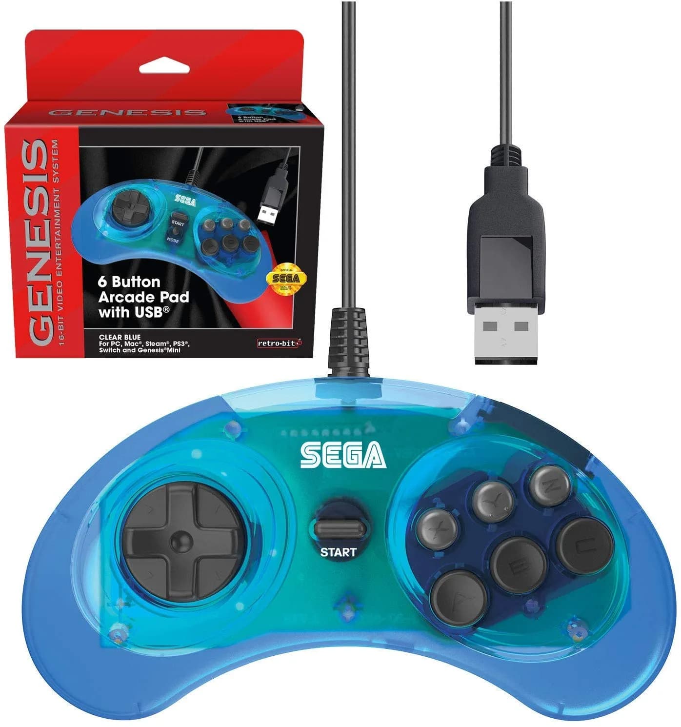 Retro-Bit Official Sega Genesis USB Controller 6-Button Arcade Pad for PC, Mac, Switch, PS3 | 290g (0.64lb) - main product image