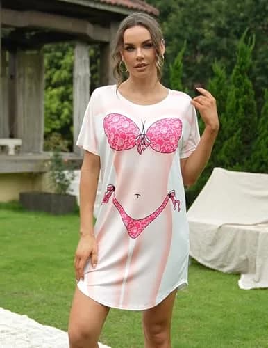 Ekouaer Womens Fun Wear Hot Pink Bikini Print Cover Up T-Shirt Above Knee | Soft, Breathable Summer Style thumbnail 3
