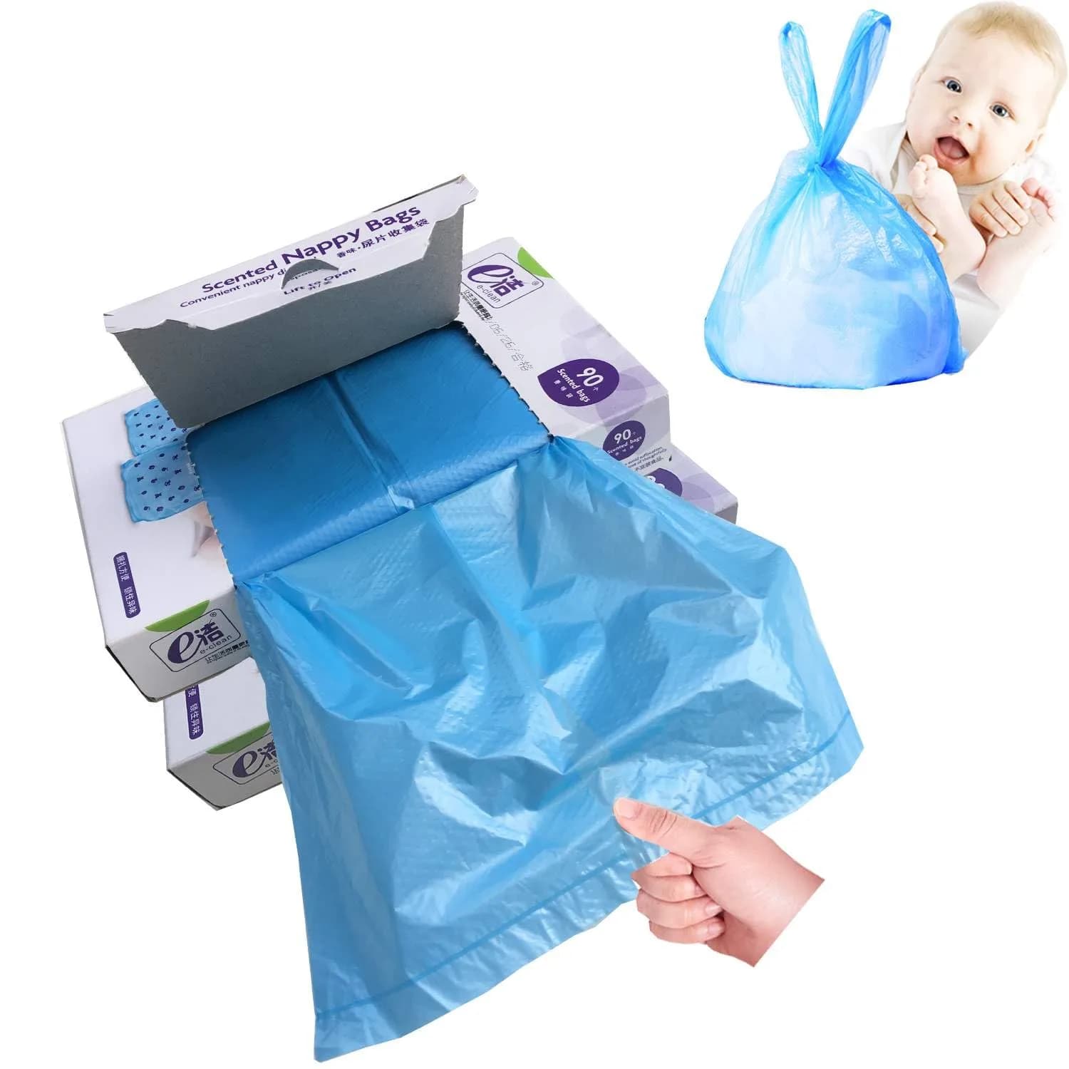 Dergik Disposable Diaper Bag for Baby, 180 Bags | Odor Control & Light Baby Powder Scent — blue