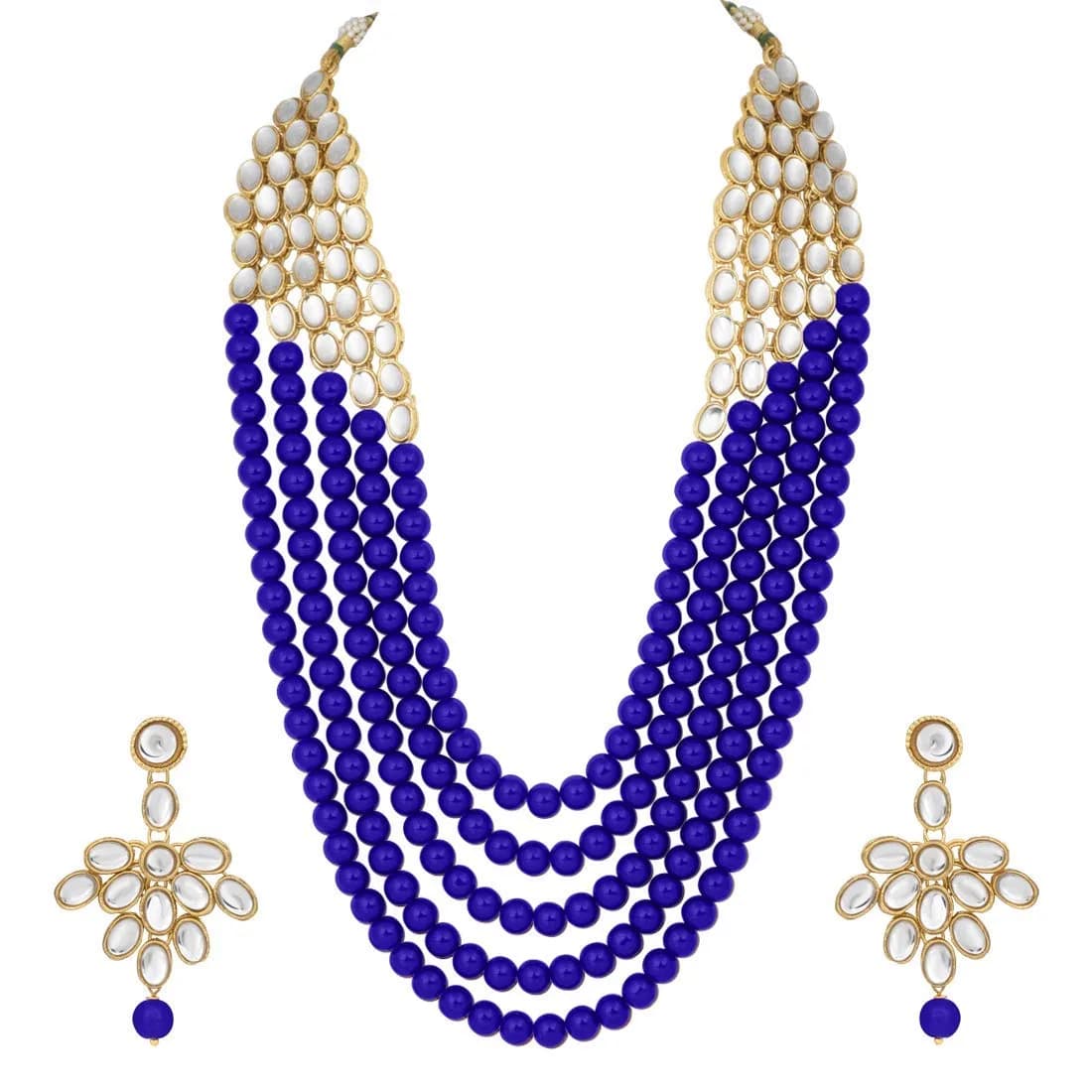 I Jewels White 5 Layer Faux Mother-of-Pearl and Kundan Rani Jewelry Set with Earrings for Women (Green) | Traditional Party Wear — Blue