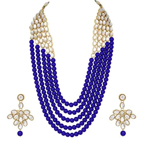 I Jewels White 5 Layer Faux Mother-of-Pearl and Kundan Jewelry Set with Earrings for Women (Blue) | Traditional Party Wear thumbnail 1