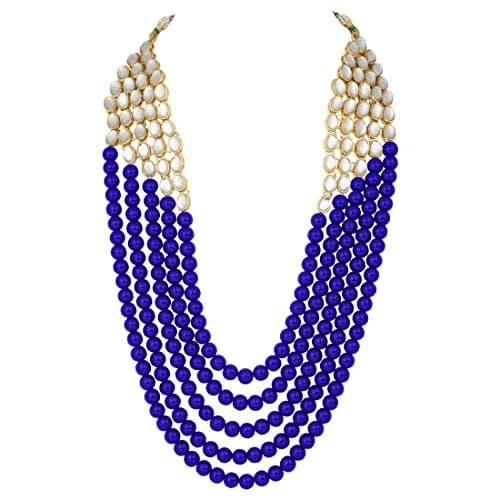 I Jewels White 5 Layer Faux Mother-of-Pearl and Kundan Jewelry Set with Earrings for Women (Blue) | Traditional Party Wear thumbnail 2