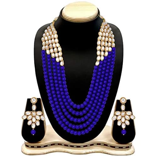 I Jewels White 5 Layer Faux Mother-of-Pearl and Kundan Jewelry Set with Earrings for Women (Blue) | Traditional Party Wear thumbnail 3