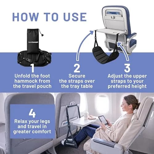 BASIC CONCEPTS Airplane Foot Hammock for Plane Travel Essentials - Black, 17-34 inch Adjustable Strap | Travel Comfortably thumbnail 6