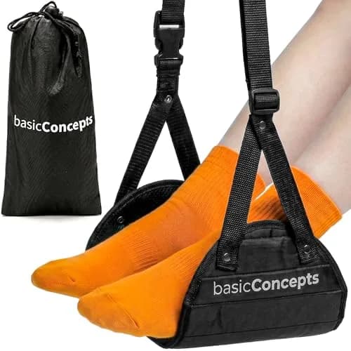 BASIC CONCEPTS Airplane Foot Hammock for Plane Travel Essentials - Black, 17-34 inch Adjustable Strap | Travel Comfortably thumbnail 1