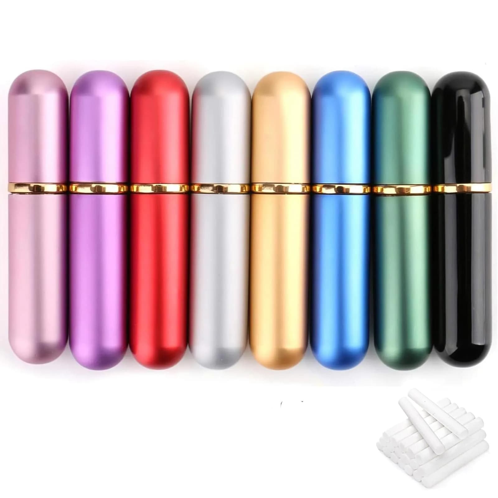 Bekith Set of 8 Colors Empty Essential Oil Personal Inhaler Refillable Aromatherapy Nasal Inhaler Tubes Aluminum and Glass, Portable Nasal Inhalers with 20 Cotton Wicks | Reusable & Refillable — Multicolor