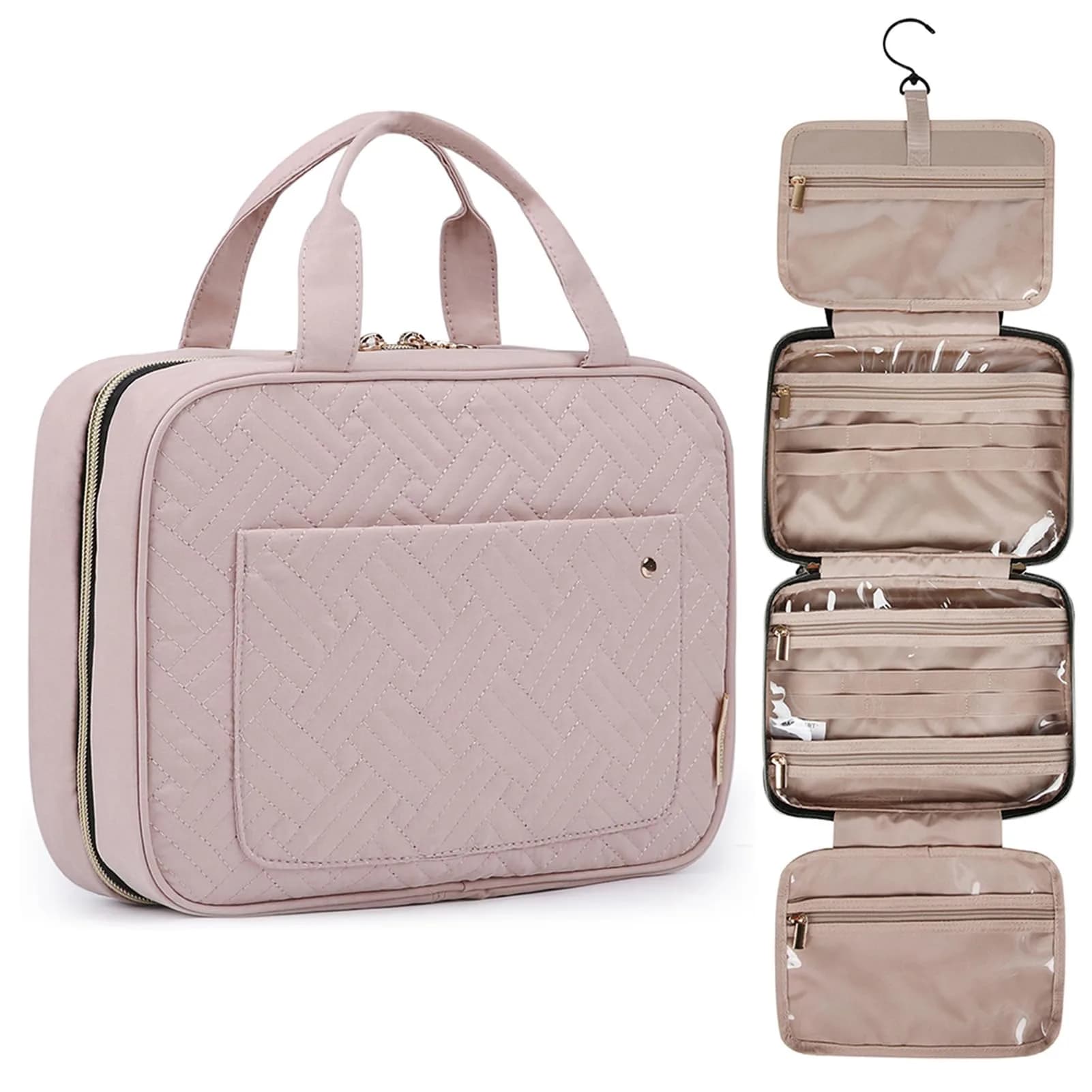 BAGSMART Toiletry Bag Travel Organizer with Hanging Hook, Water-resistant, Baby Pink, Medium