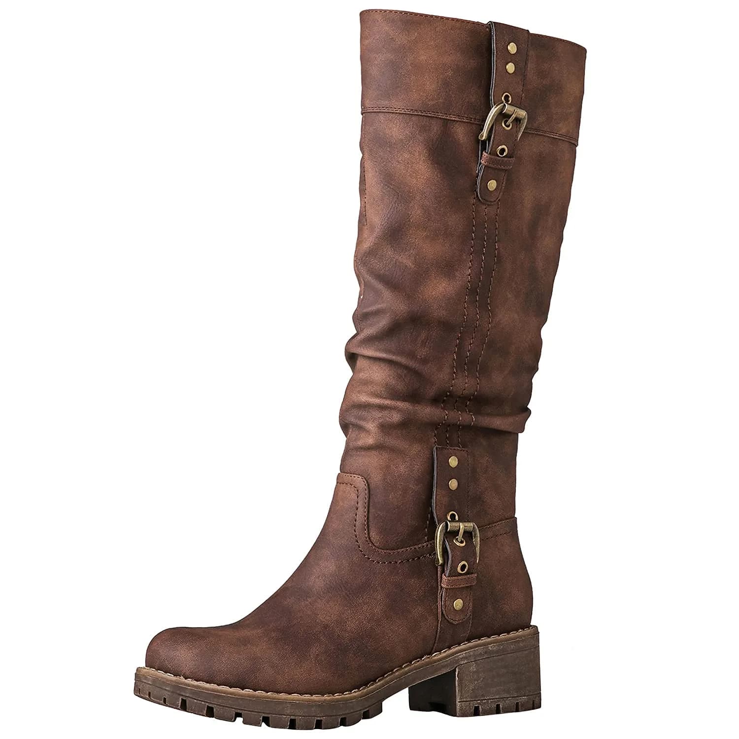GLOBALWIN Women's Brown Knee High Riding Boots 6.5M | Chunky Low Heel, Fashion-Forward Comfort