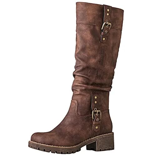 GLOBALWIN Women's Brown Knee High Riding Boots 6.5M | Chunky Low Heel, Fashion-Forward Comfort thumbnail 1