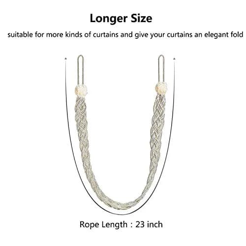 Blulu 6 Pcs Braided Curtain Tiebacks with Metal Hooks | Beige & Silver, 58cm (23in) | Elegant Home Decor Accessory thumbnail 7