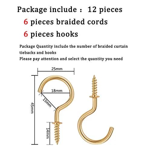 Blulu 6 Pcs Braided Curtain Tiebacks with Metal Hooks | Beige & Silver, 58cm (23in) | Elegant Home Decor Accessory thumbnail 2