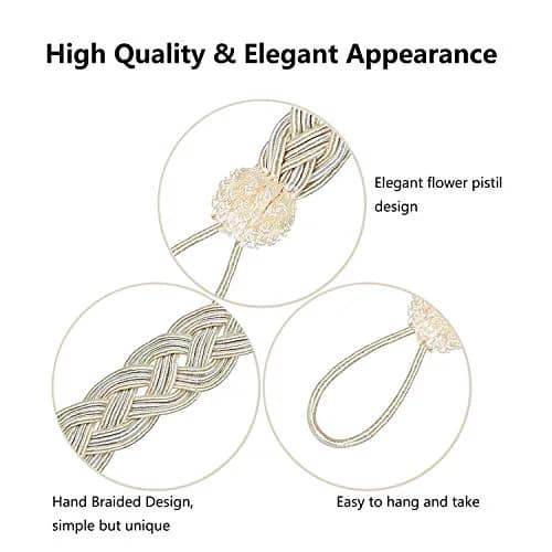Blulu 6 Pcs Braided Curtain Tiebacks with Metal Hooks | Beige & Silver, 58cm (23in) | Elegant Home Decor Accessory thumbnail 3