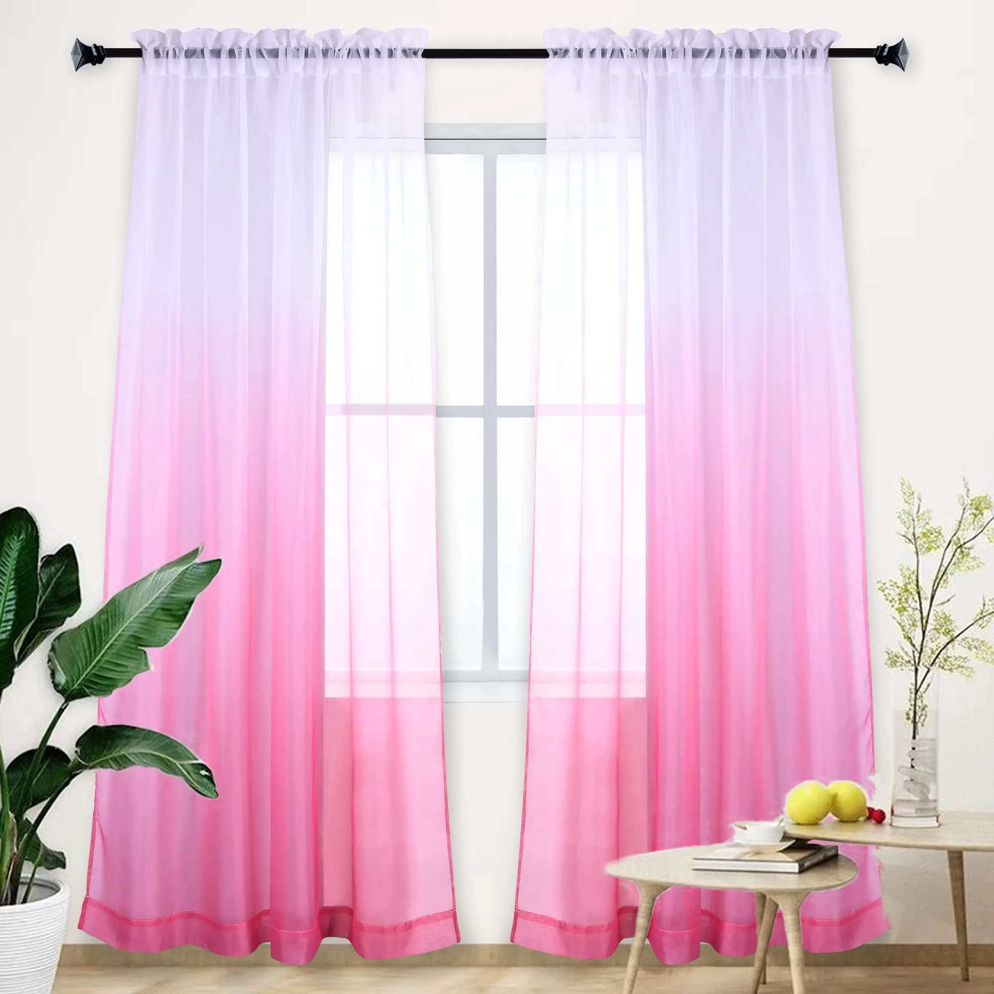 HUTO Pink Curtain Ombre Sheer Curtain for Girls Bedroom | Gradient Window Panel 52"W x 95"L — Pink