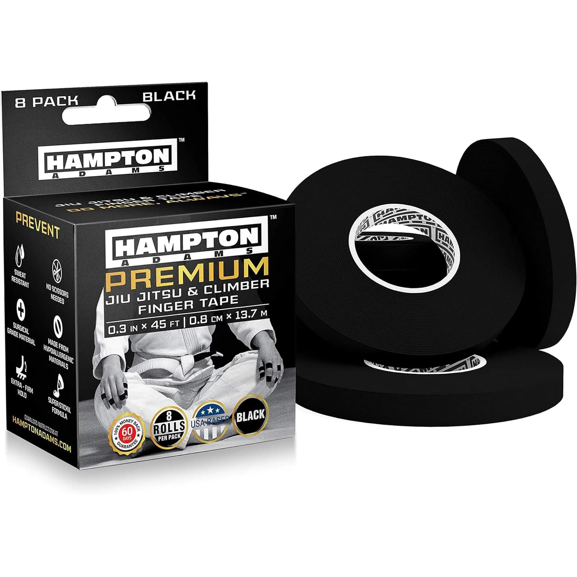 Hampton Adams Pro Finger Tape Black 8 Rolls | Non-Slip Grip for BJJ, Climbing & Sports — Black