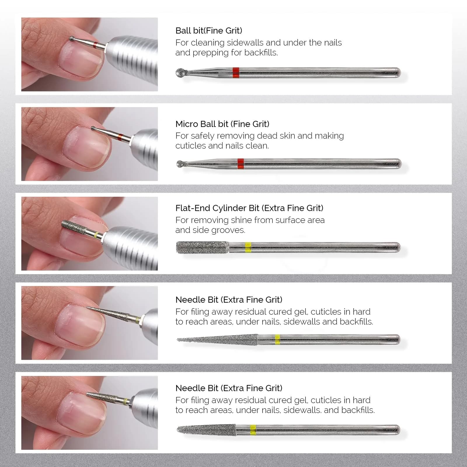 MelodySusie Silver 10pcs Diamond Nail Drill Bits Set | Universal 3/32" Shank for Acrylic Gel Nails - view 4