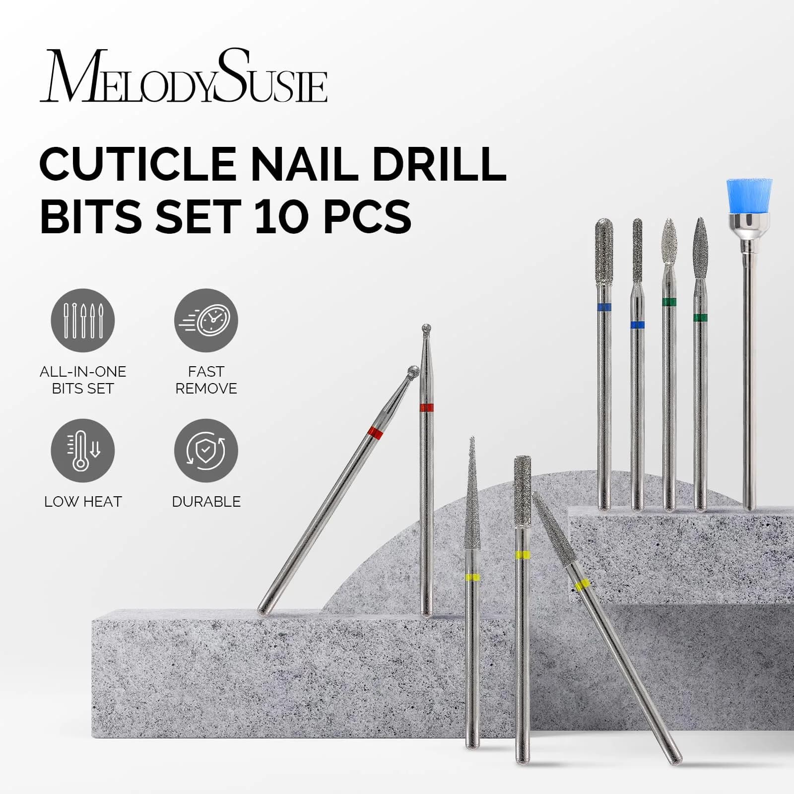MelodySusie Silver 10pcs Diamond Nail Drill Bits Set | Universal 3/32" Shank for Acrylic Gel Nails - view 2