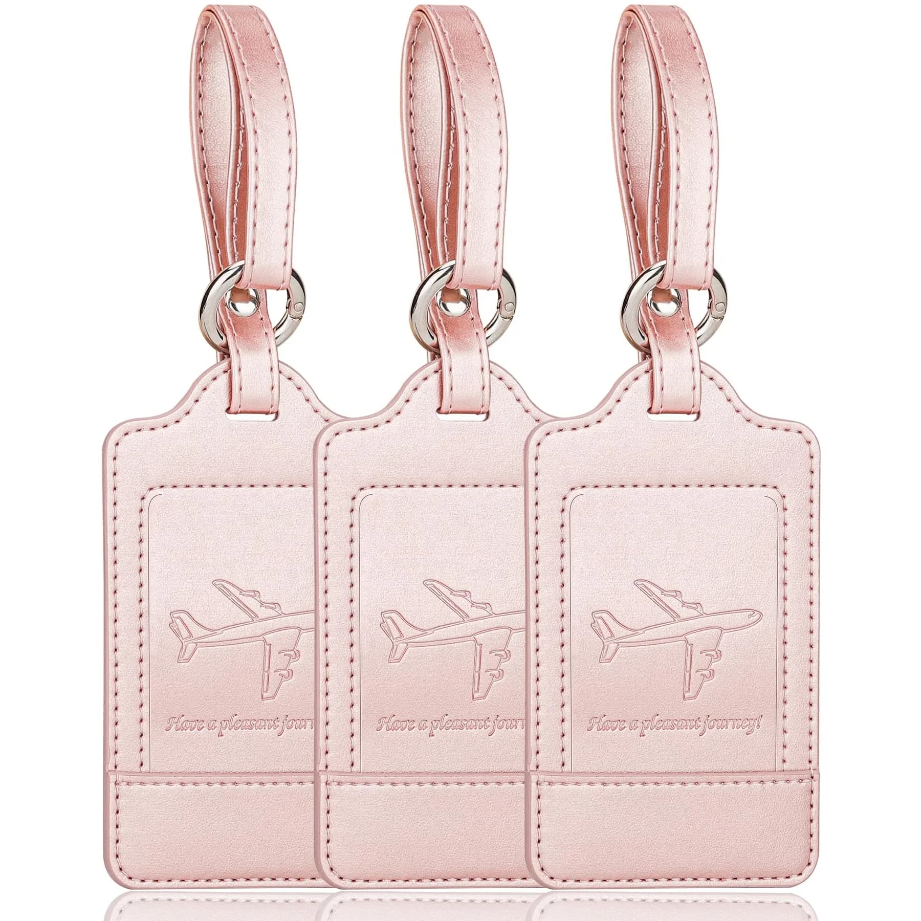 Teskyer Leather Luggage Tags for Suitcases, 3 Pack, Rose Gold | Quick-Attach Spring Ring, Privacy Flap Design