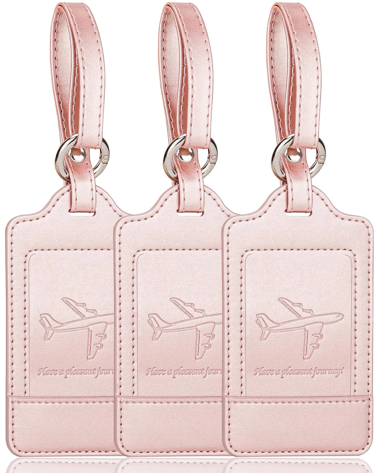 Teskyer Leather Luggage Tags for Suitcases, 3 Pack, Rose Gold | Quick-Attach Spring Ring, Privacy Flap Design - main product image