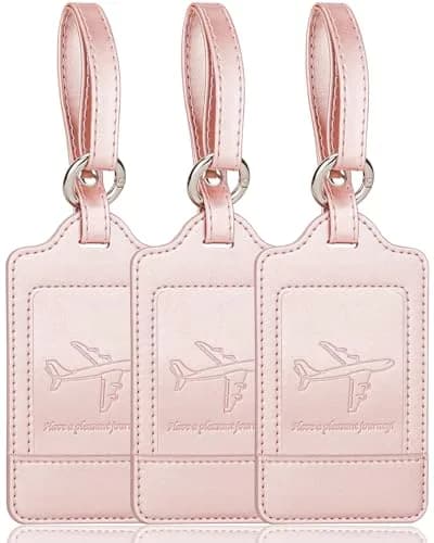 Teskyer Leather Luggage Tags for Suitcases, 3 Pack, Rose Gold | Quick-Attach Spring Ring, Privacy Flap Design thumbnail 1