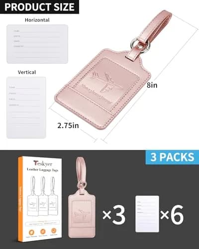 Teskyer Leather Luggage Tags for Suitcases, 3 Pack, Rose Gold | Quick-Attach Spring Ring, Privacy Flap Design thumbnail 7