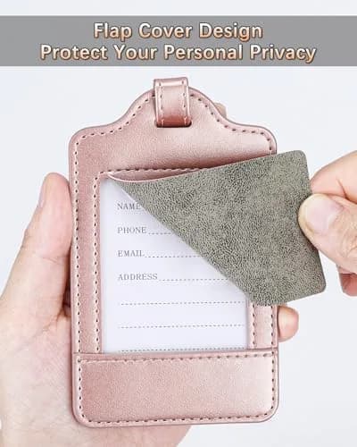 Teskyer Leather Luggage Tags for Suitcases, 3 Pack, Rose Gold | Quick-Attach Spring Ring, Privacy Flap Design thumbnail 2