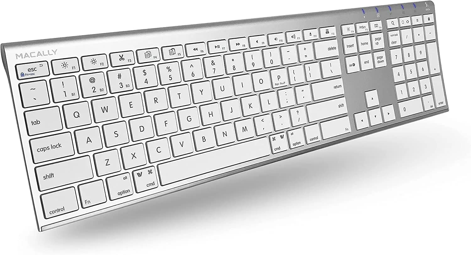 Macally ACEBTKEYA Multi-Device Bluetooth Keyboard with Numeric Keypad - Silver, 110 Keys | Connects to 3 Devices Simultaneously — Aluminum Silver