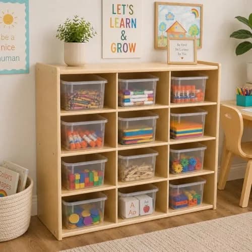 Contender 12 Compartment Storage Unit with Translucent Bins | Classroom Cubby Organizer for Kids, Hardwood Cubby Shelf, Toy & Art Supplies thumbnail 4
