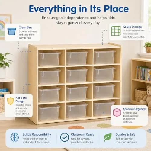 Contender 12 Compartment Storage Unit with Translucent Bins | Classroom Cubby Organizer for Kids, Hardwood Cubby Shelf, Toy & Art Supplies thumbnail 2